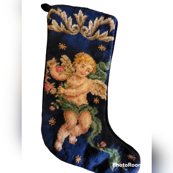 VTG Needlepoint Stocking Cherub Angel Navy Blue Velvet Christmas - Picture 5 of 6